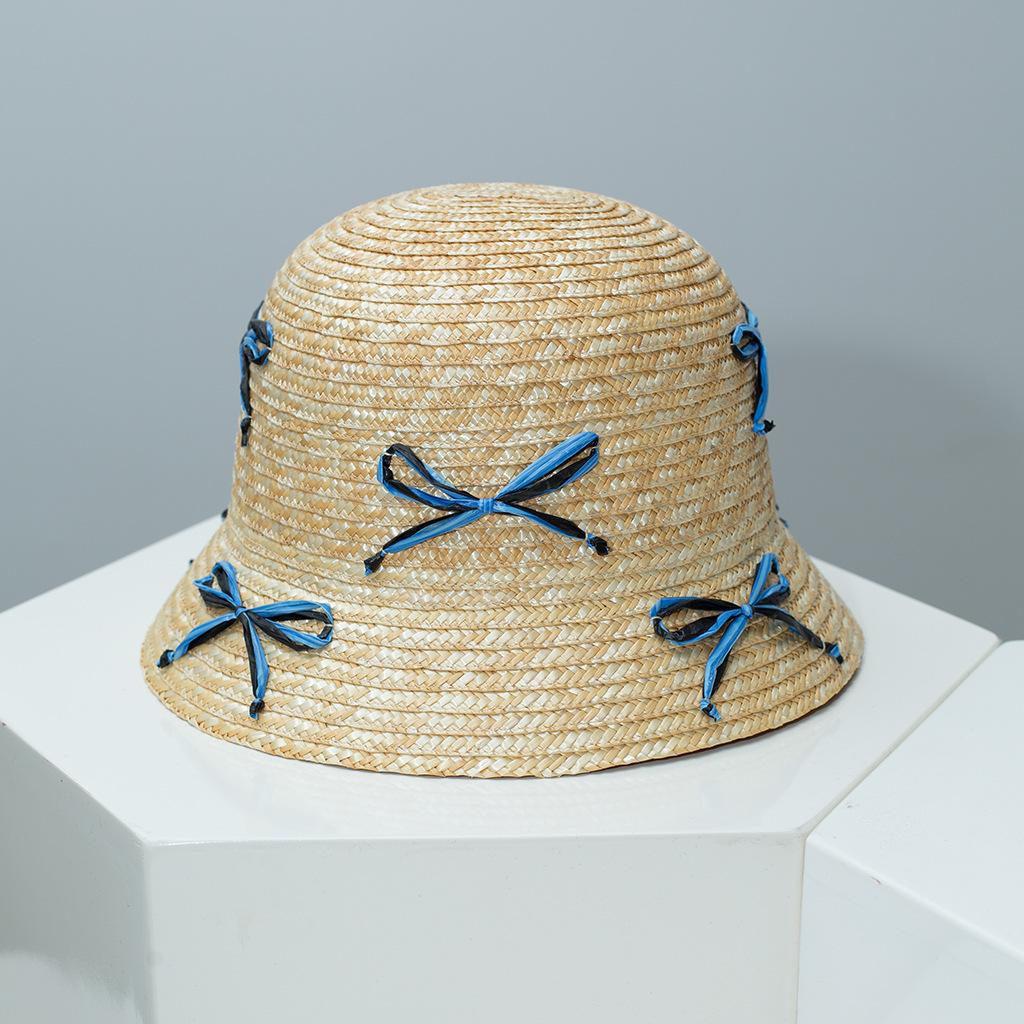 Original Design Wheat Straw Woven Bucket Hat with Bow, Breathable Sun Protection, Fashion Versatile Summer Beach Cap for Women