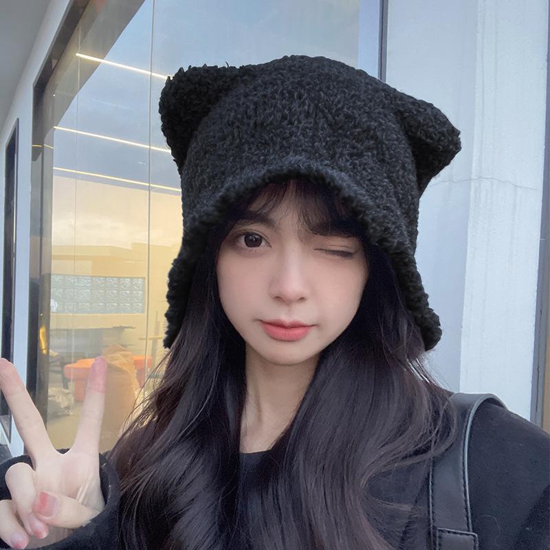 Bear hat women's autumn and winter warm ear protection knitted hat big head circumference show face small bucket hat
