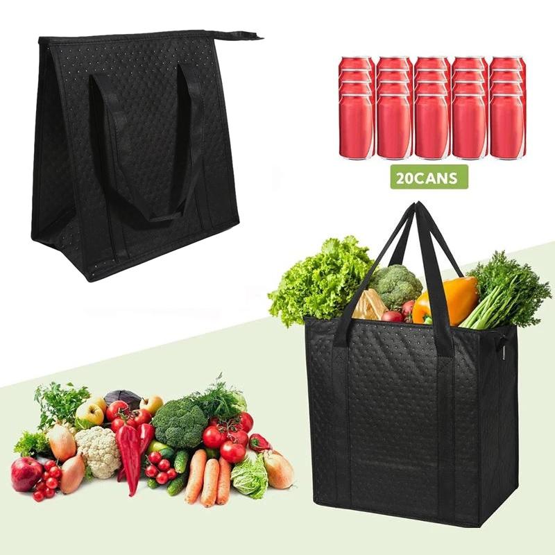 Large Insulated Reusable Grocery Bag With Zipper & Front Pocket, Keep Cool/Warm For Hours For Camping Picnic, Fishing, Shopping