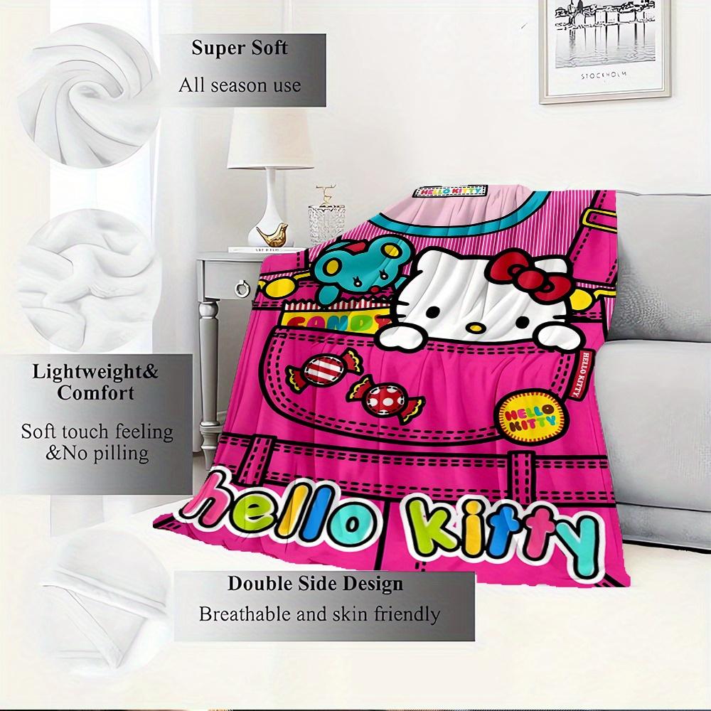 For Candy, Pocket, HelloKittyAnime-Themed Flannel Blanket, Glam Style, Digital Print, All-Season Comfort, Tear-Resistant, Knitted Craftsmans