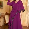 Muslim Dress Purple V-neck Double Layer Chiffon Sequins Irregular Slim Dress