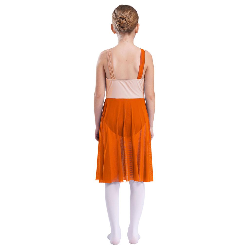Girls Sleeveless Mesh Straps Color Contrast Leotard Dress for Lyrical Contemporary Dance Performance