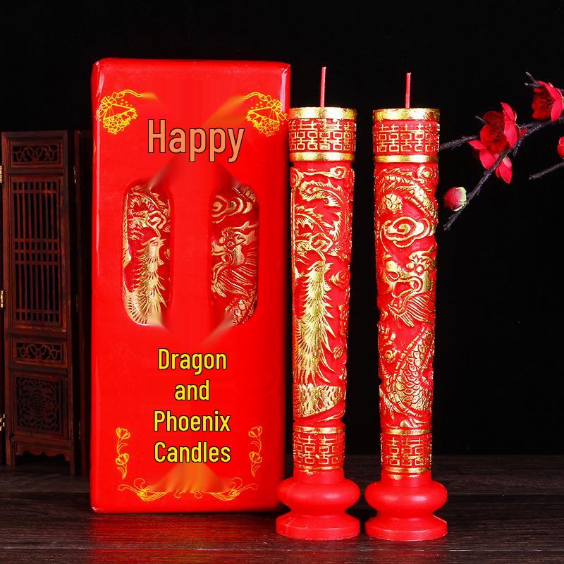 Double Happiness Smokeless Red Candles for Wedding and Engagement Celebrations with Dragon and Phoenix Design