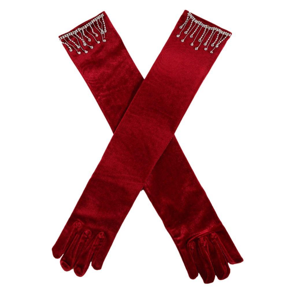 Solid Color Velvet Long Gloves Rhinestone Tassel Evening Dress Gloves  Dress-Up  Accessories