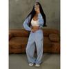 Womens Casual 2-Piece Set Long Sleeve Zip-Up Cropped Cardigan Elastic Waist Wide Leg Pants