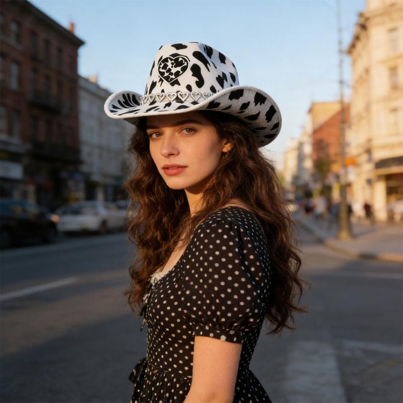 Fashionable Cow Pattern Rhinestones Accent Unisex Cowboy Hats Comfortable Fabric