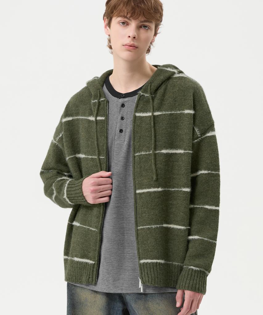 TRILLION Washable Wool Hairy Stripe Hooded Zip-Up Knit_Khaki