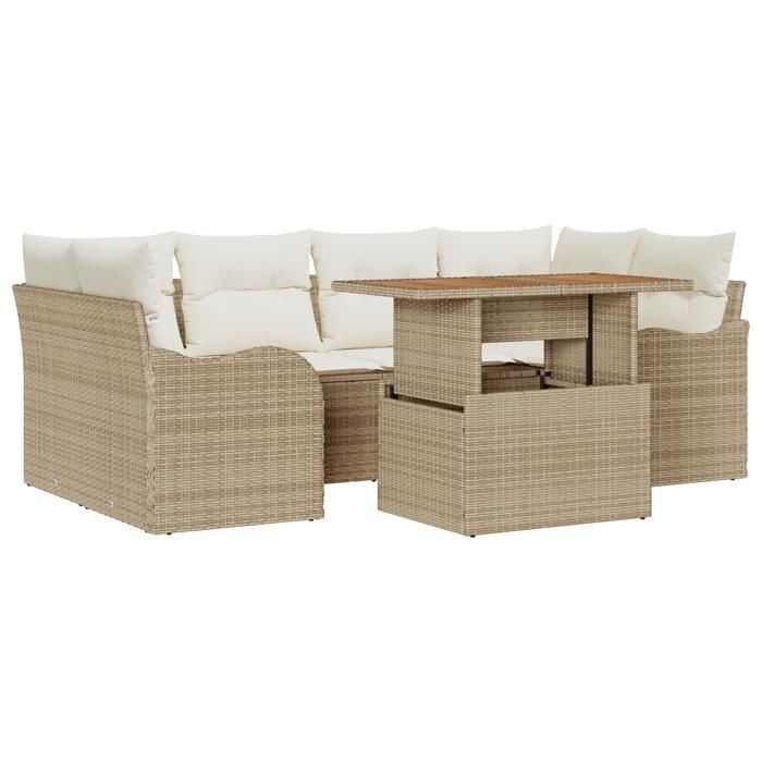 Ensemble de canapé de jardin de 7 pièces vidaXL avec coussins Beige en polyrotin et acacia 3349413