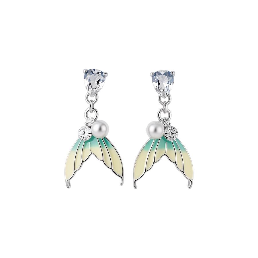 Silver Needle Heart Fish Tail Diamond Enamel Stud Earrings - Unique High-End Ear Jewelry for Women