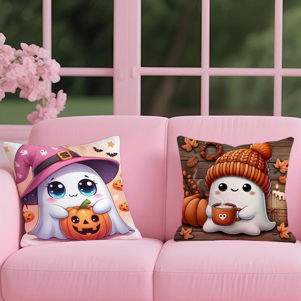 Cute Ghost with Pumpkin Cushion Cover Reversible Plush Pillow Cover – For car, sofa, bedroom, perfect as a gift.
