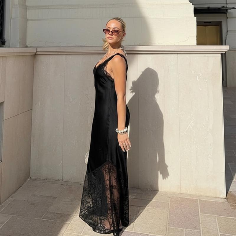 Elegante Spitze Lange Kleider Damen Satin V-Ausschnitt Spitze Patchwork Ärmellos Langes Kleid Locker Damen Abendkleider