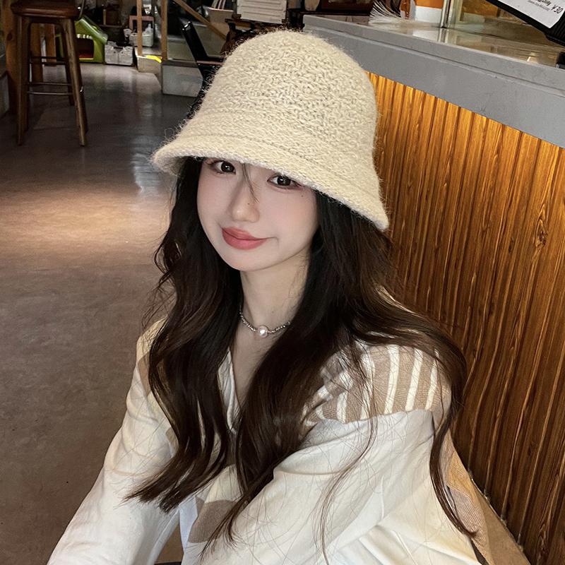 Hat Female Autumn and Winter Knitted Bucket Hat Plain Face Covering Bucket Hat Versatile Face Small Wool Basin Hat