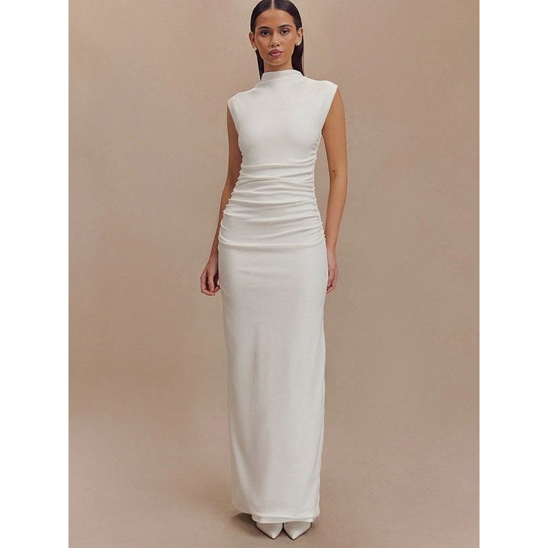 Spring 2025 European and American Amazon Cross-Border Foreign Trade New Solid Sleeveless Pleat Zip-up Sheath Slim dress