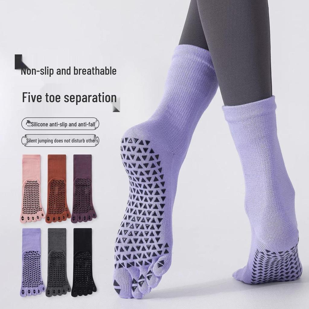 Women's Non-slip Five-finger Yoga Socks - Mid-calf, Long, Professional for Autumn/Winter Pilates and Indoor Sports Fitness