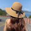 Large Eave Straw Hat For Woman Black Bow Tie Edgesunscreen Foldable Beach Hat Outdoor Seaside Vacation Fashionable And Elegent