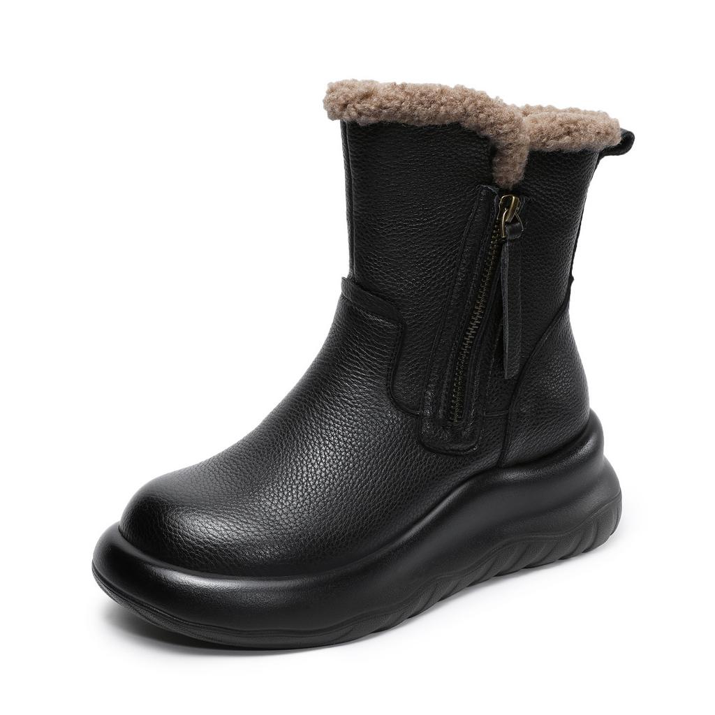 Johnature Thick Soled Genuine Leather Women's Boots Plush Warm Cotton Shoes Versatile Mid-calf Boots