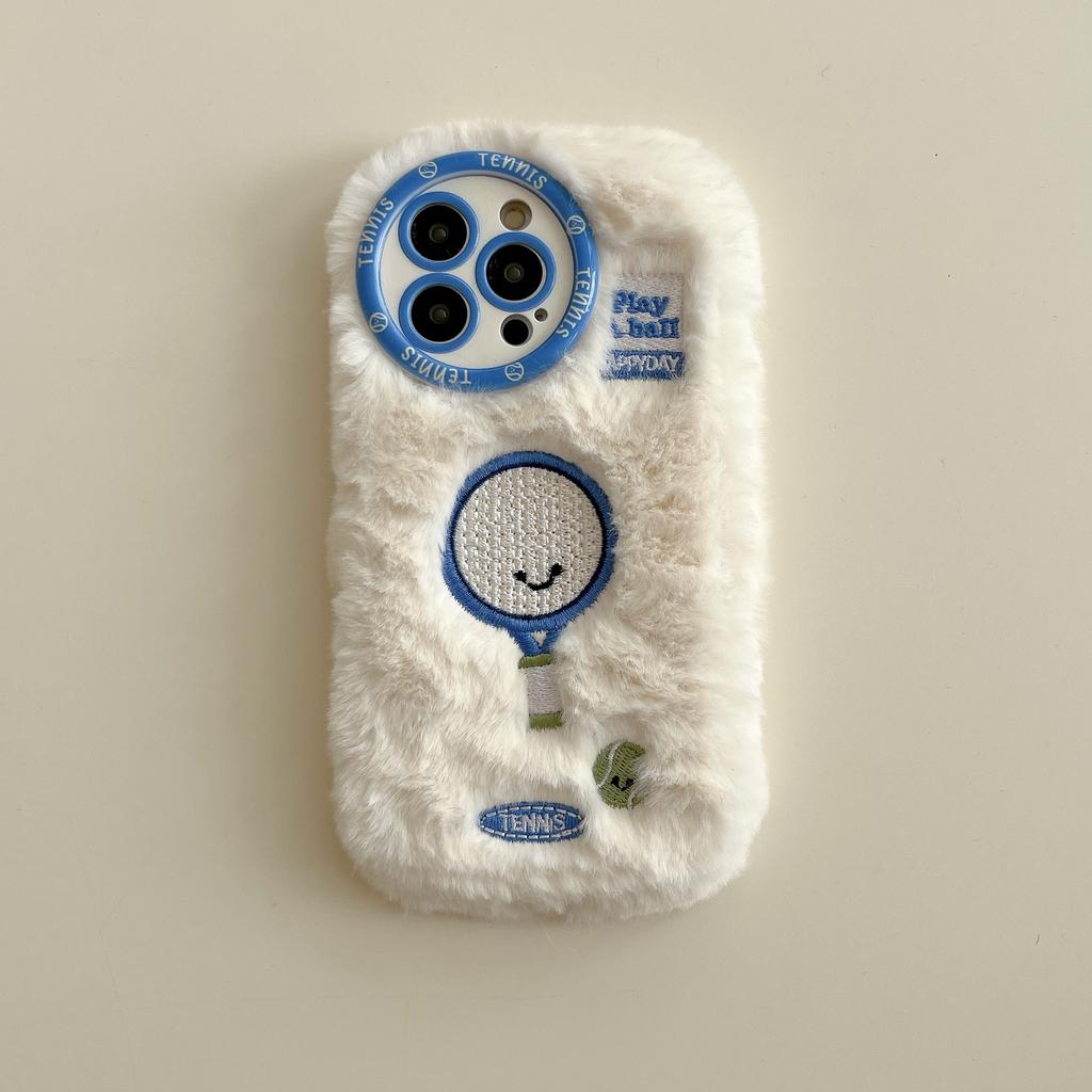 Embroidered Tennis Racket Plush Phone Case for iPhone 16 15 14 13 Pro Max Fall/Winter Warm Plush Phone Case