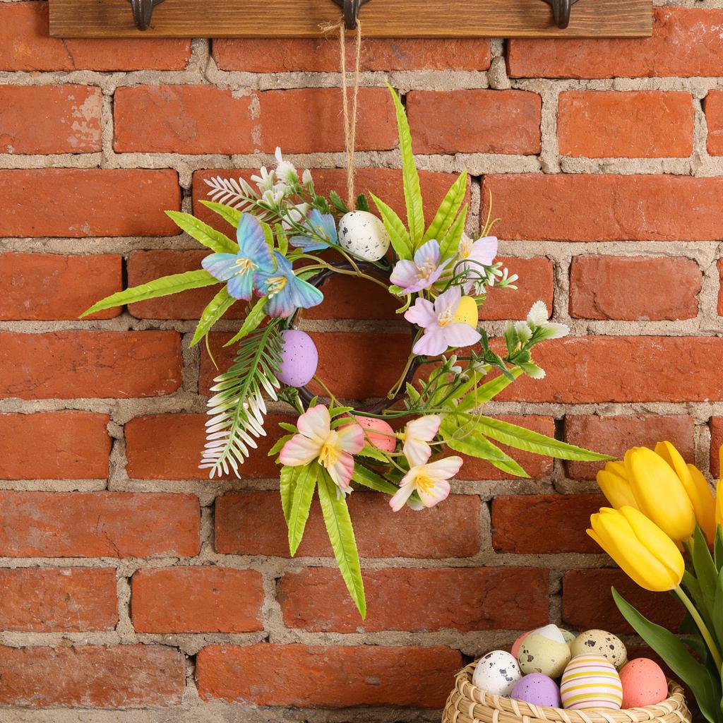 2Pcs Easter Floral Hoop Wreath Artificial Spring Butterfly Egg Rings Front Door Hanging Kitchen Cabinet Decor Seasonal