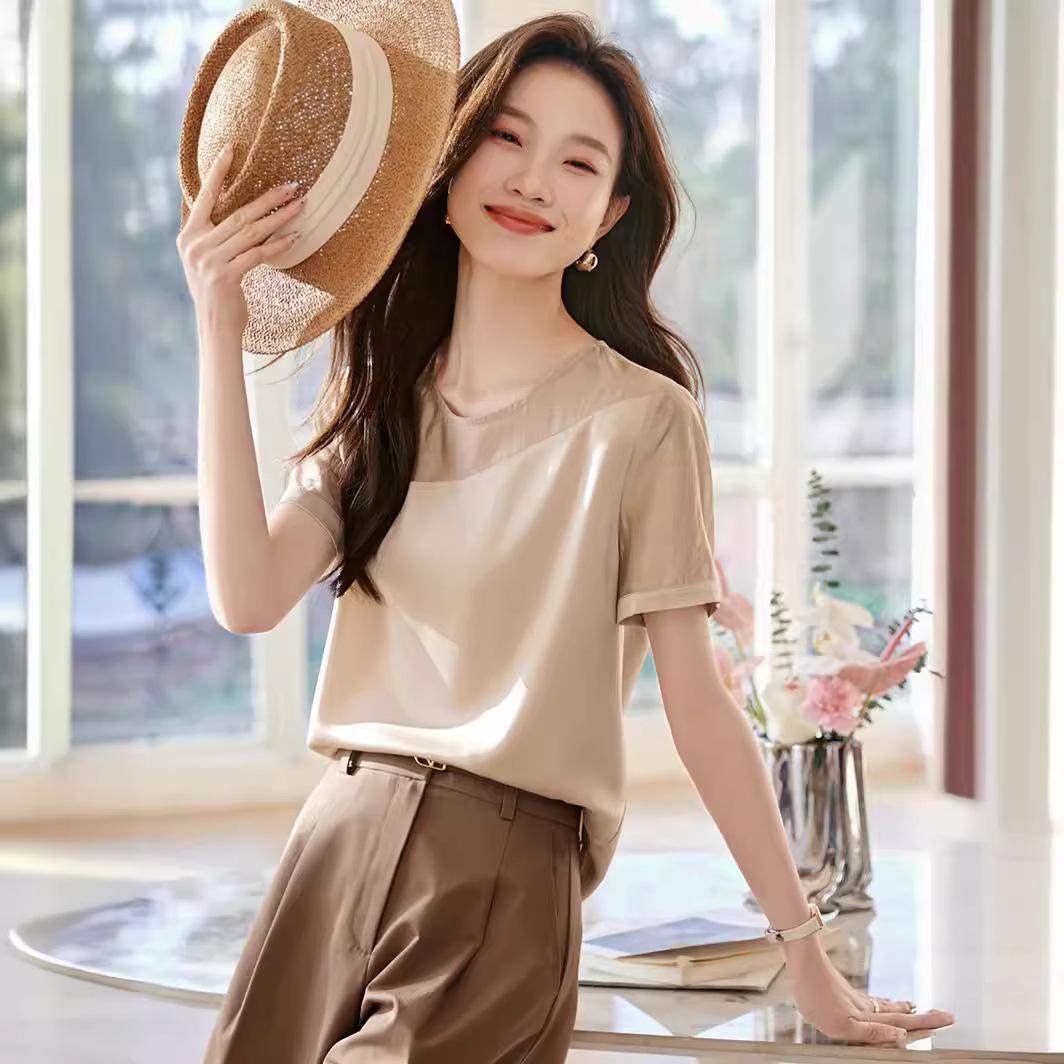 

Crew Neck Splicing Shirt Summer New Splicing Shirt 2XL шампанського