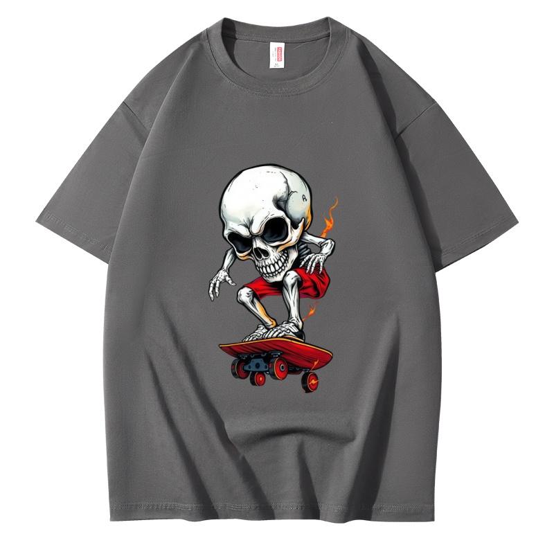 Unisex Casual Cotton Short Sleeve T Shirt Skull Skateboard Gothic Graphic Print Tee