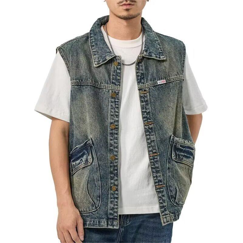 Mens Retro Denim Vest Loose Large Size Sleeveless Casual Work Jacket Vest