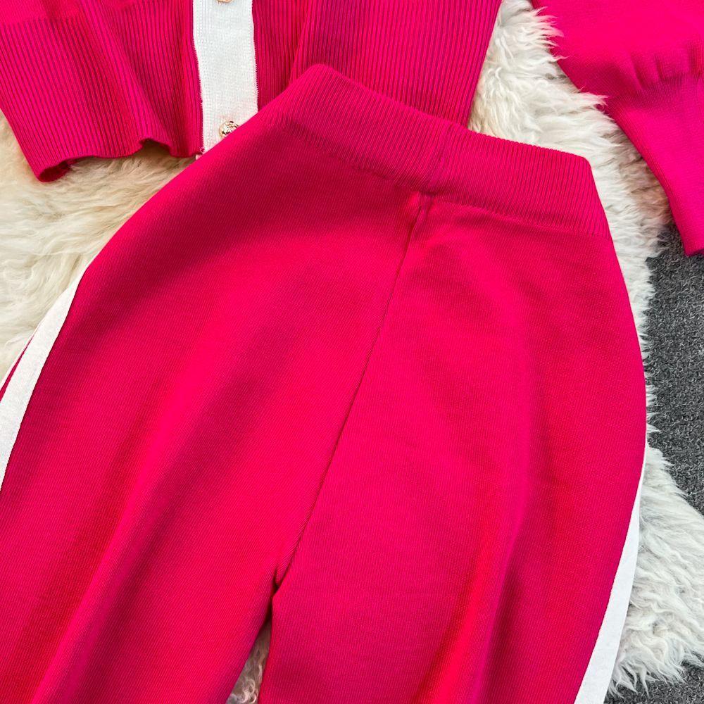 JPNTKY Fashion Set: Long-sleeved, Contrasting Color, V-neck Knitted Cardigan, Two-piece Set, High-waisted, Straight-leg, Wide-leg Pants