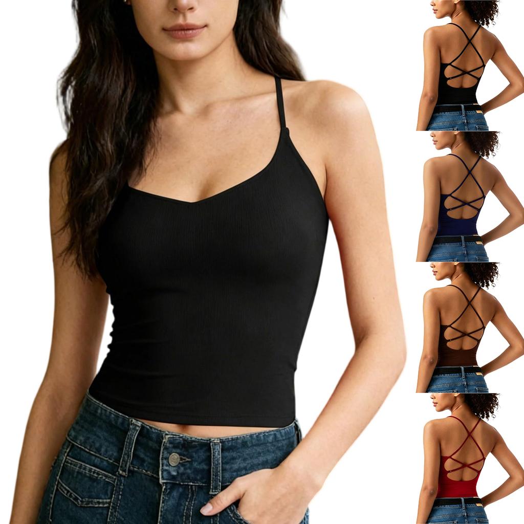 Womens Cross Back Tank Top V Neck Fitted Backless Camisole Top Sleeveless Tops