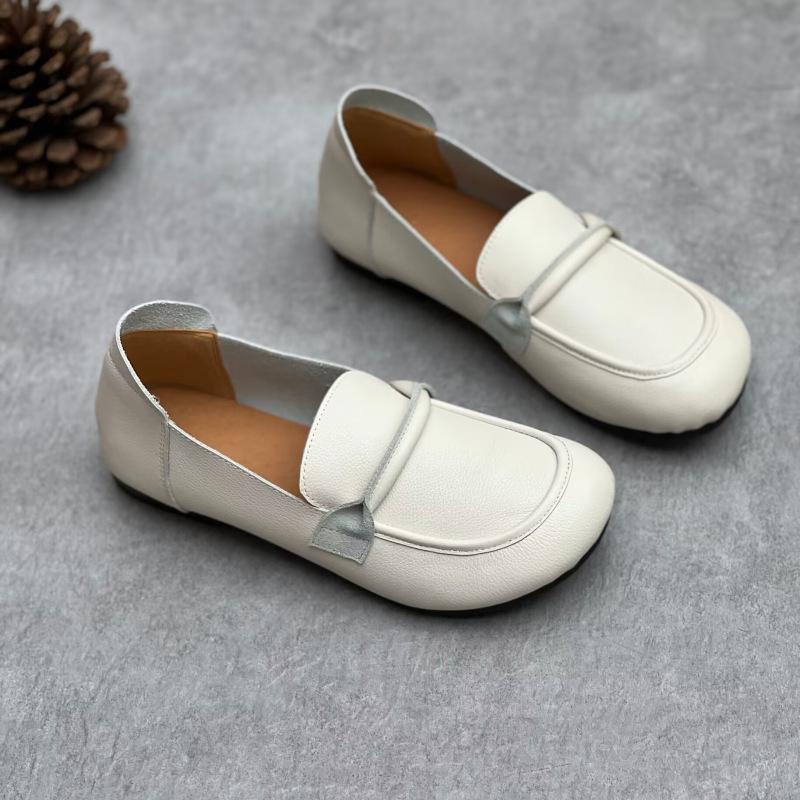 Women's Handmade Leather Shoes Spring and Summer Round Head Flat Soft Leather Soft Sole Casual Leather Shoes