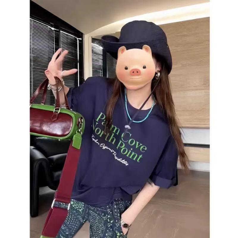 

Новая свободная футболка с короткими рукавами в форме буквы для женщин. Универсальный и стройнящий топ на лето. Большой размер, средняя длина. 2XL тёмно-синий