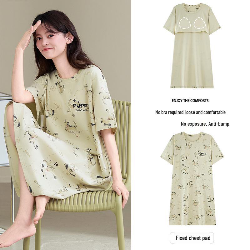 Antibacterial Xinjiang Cotton Nightgown: Women's A-grade Pure Cotton, Chest Pads, Summer Plus Size, Cute Homewear Dress