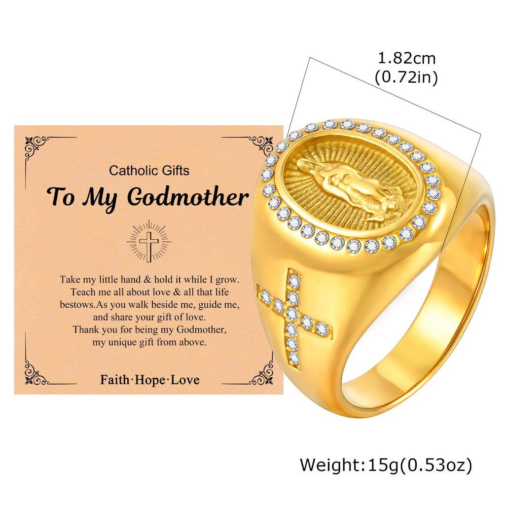 Vnox Men's Stainless Steel Virgin Mary Cross Ring with Easter Card, Gold Color Zircon Thumb Ring, Chunky Religious Jewelry Gifts