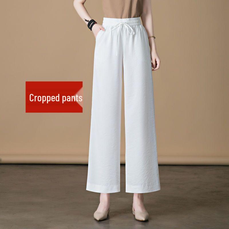 Women's Wide-Leg Ice Silk Linen Pants: Summer Thin, High-Waist, Elastic, Casual Style