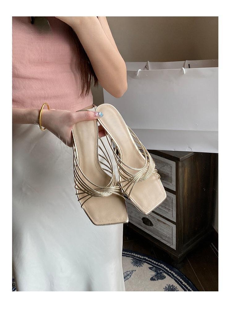 French Cross-Strap Square Head Slippers Women S Summer Gold French High-Heeled Sandals Women S 35 золотой