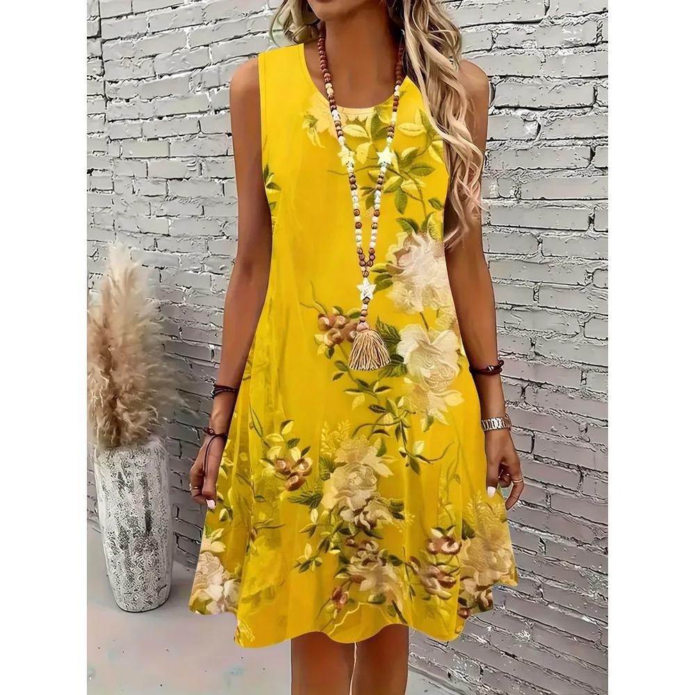 Summer Sleeveless Dress Women Fashionable Colorful Flowers 3d Print Beach Vacation Mini Dresses Comfortable Plus Size 8XL Soft Breathable Vest Dress