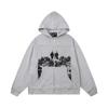Mens Oversized Streetwear Hoodie With Distressed Zipper Graphic Print Cotton Long Sleeve Pullover Casual Wear