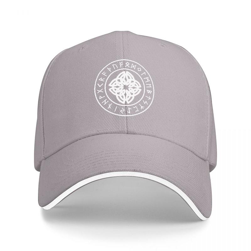 Mystic Symbol Circle Design Black Baseball Cap with White Trim and Intricate Celtic Knot Pattern for Unisex and Women
