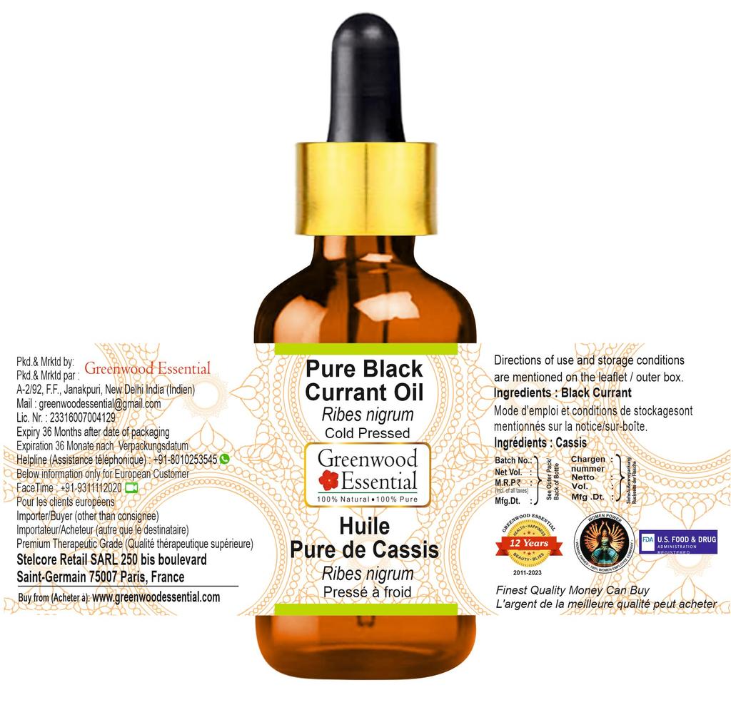 Greenwood Essential Pure Black Currant Oil (Ribes Nigrum) with Glass Dropper | Cold Pressed | Natural | Undiluted | For Diluting Essential Oils |