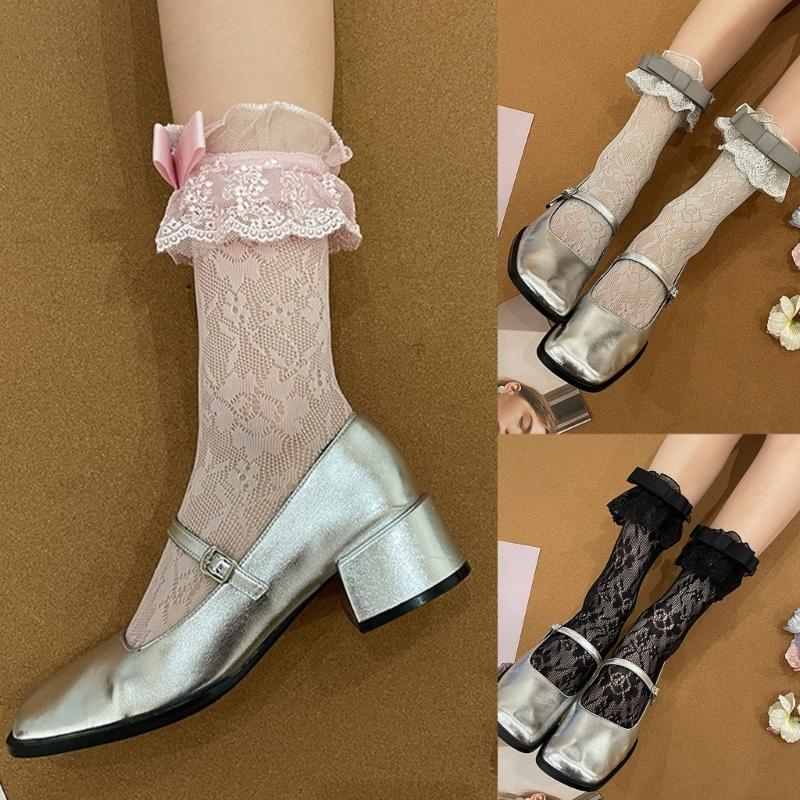 Women Japanese Style JK Girl Flower Lace Ruffle Frilly Ankle Socks Sweet Bowknot Elegant Student Middle Tube Dress Socks