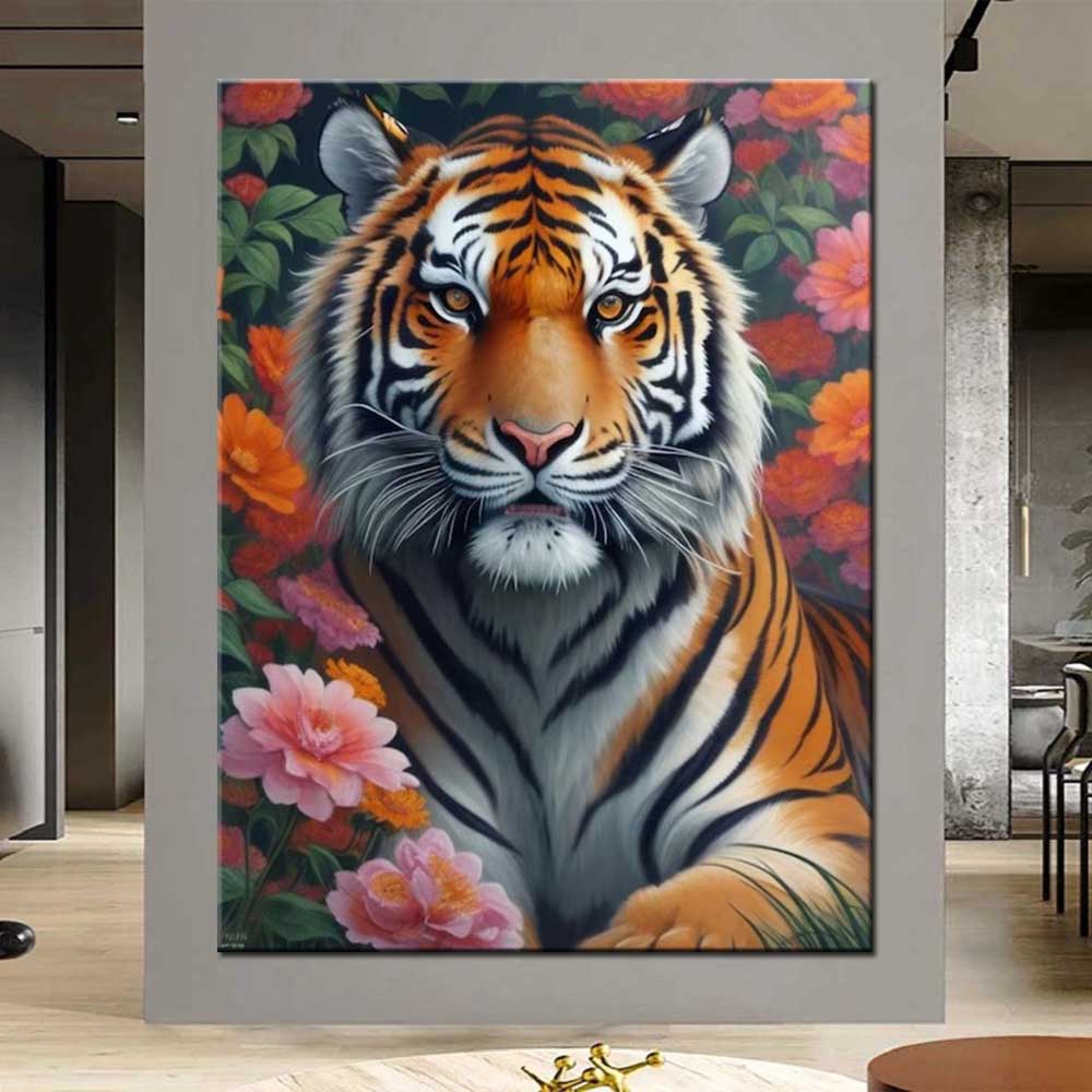 Tiger- und Blumenbild, vollständige Bohrer, 5D-Diamantmalerei, Mosaik-Stickerei, DIY-Kreuzstich für Heimdekorationen J3769