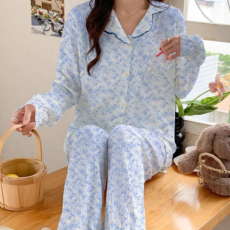 Fresh Blue Crush Flower Print Lace Women's Pajamas Romantic Aesthetics Fashion HomewearMilk Silk Wrinkle Cloth