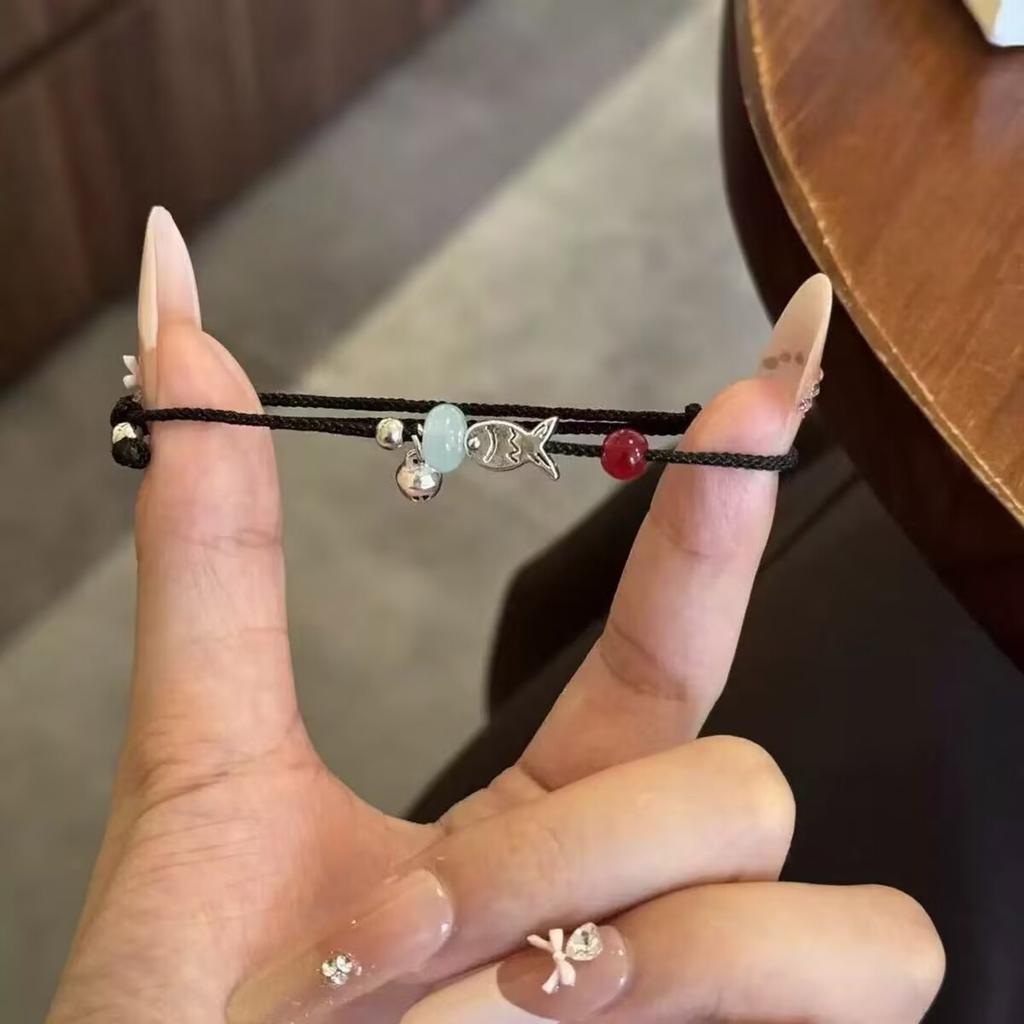 Pack of 2 Fish Charm Braided Bracelets Adjustable Red Black Cord Jewelry Wristband Accessory for Couples Friendship