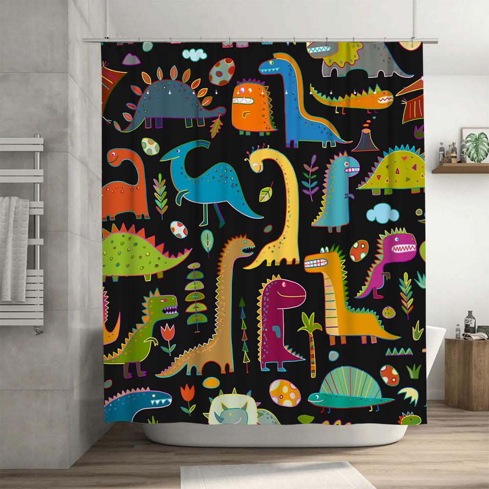 Colorful Dinosaur Shower Curtain Kids Bathroom Decor Black Background with Multicolored Dinosaurs – Made In China (CN)