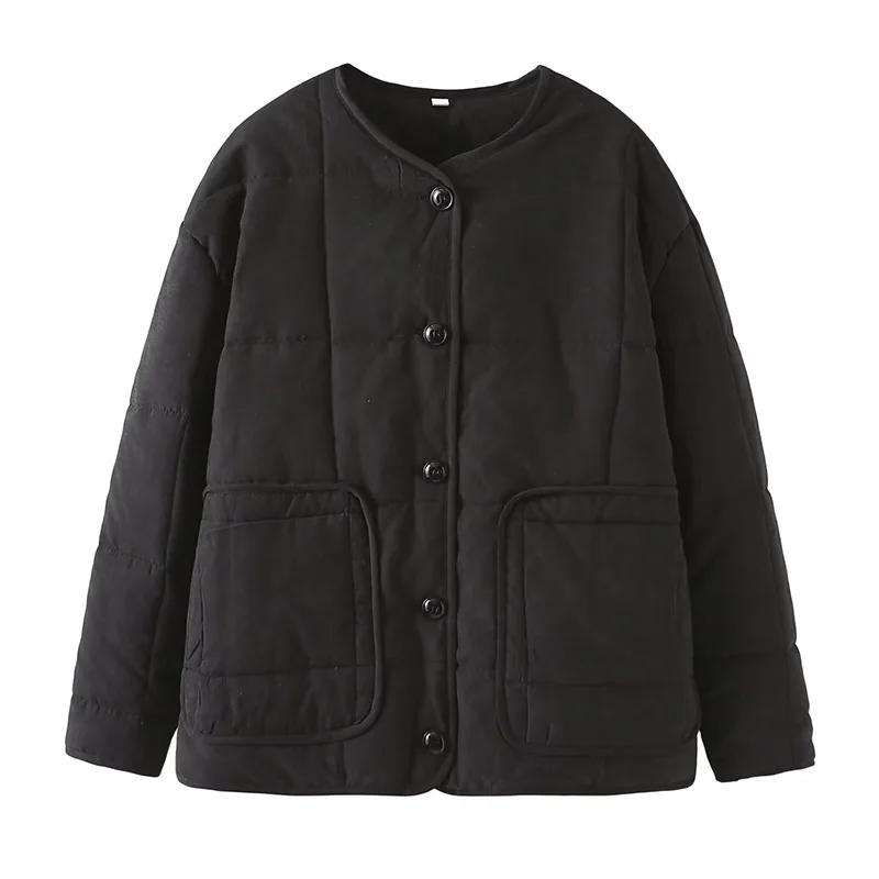 

Однотонная женская стеганая куртка с круглым вырезом, однобортная, с длинным рукавом и карманом, свободная, осенне-зимняя, женская куртка M чёрный