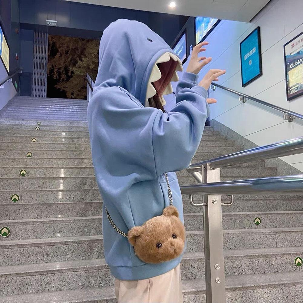 Grappige Haai Patchwork Fleece Hoodies Vrouwen Mannen Herfst Kawaii Sweatshirt Casual Lange Mouw Trui School Paar Kleding Nieuw