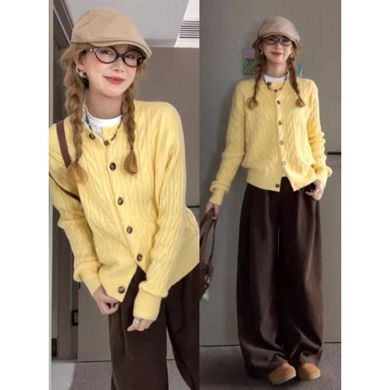 

French style Idle Style Milky Yellow Twist Sweater Cardigan 2025 Spring New Long sleeve Knit Outerwear Women clothes Yellow 2XL