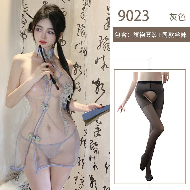 Sexy lace classical passion erotic underwear slit mesh perspective pure desire classical embroidered cheongsam set