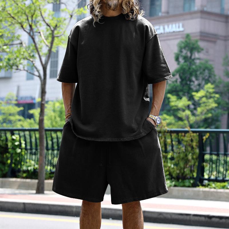 Sommer Herren Set Japanischer Stil Übergröße Lässig Locker Sportanzug Kurzarm T-Shirt Shorts Zweiteiler Herrenbekleidung