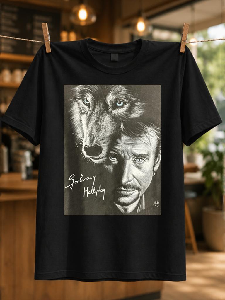 Portrait de Johnny Hallyday et Croquis de Loup avec Signature Monochromatique Légende du Rock Français Énergie Unisexe Unisexe Tous T-shirt
