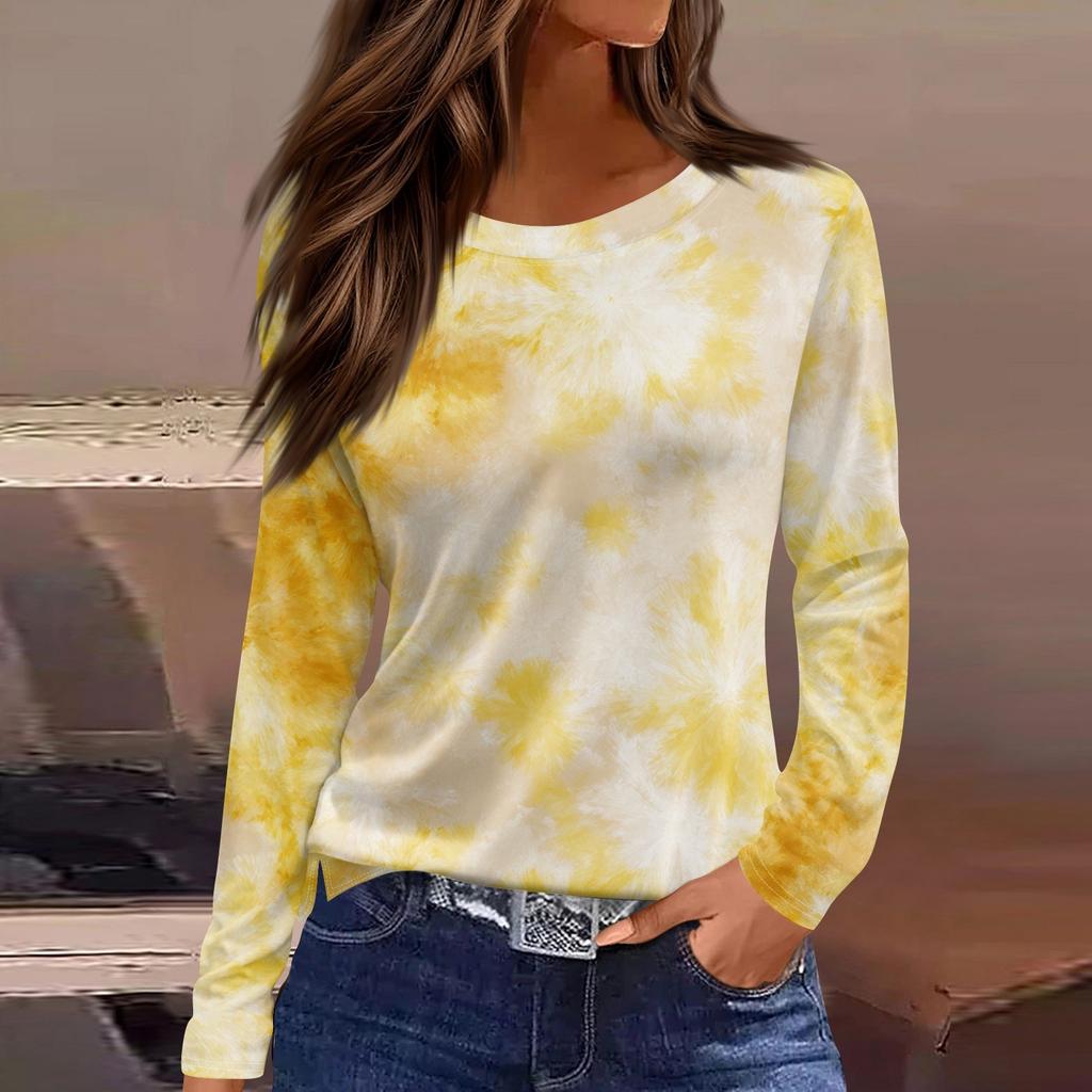 Women's Fashion Hem Slit Casual Floral Print Round Neck Long Sleeve Top