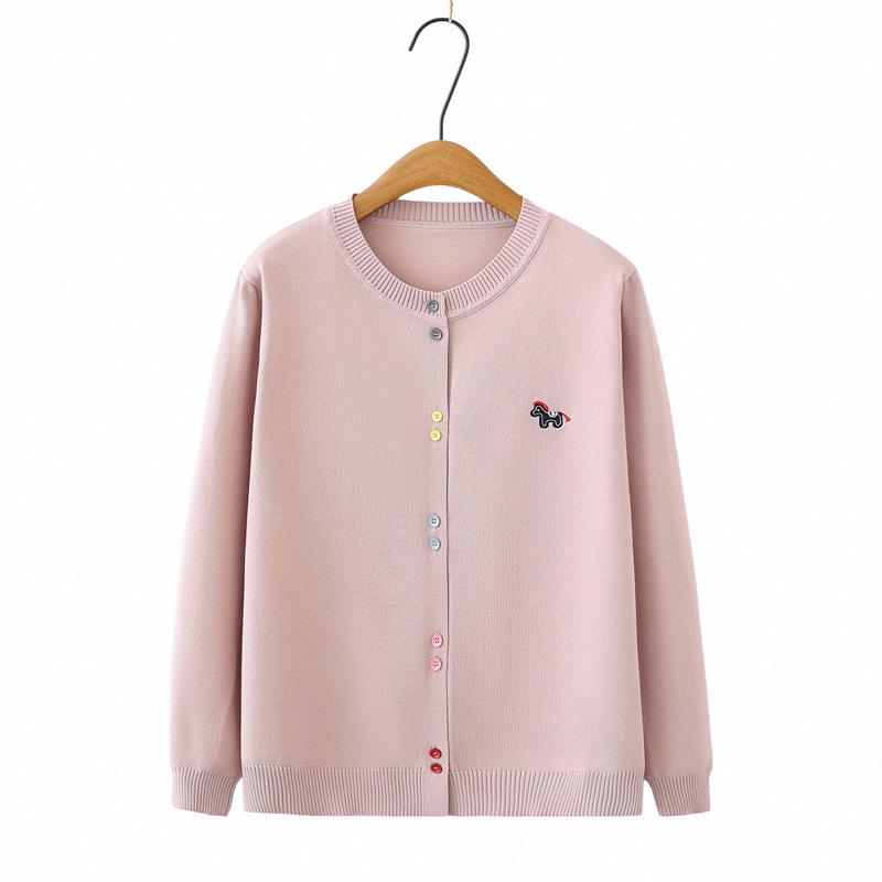 

Plus Size Women s Ice Silk Cardigan - Long Sleeve Round Neck Knitwear with Cartoon Embroidery for Spring/Summer 2026 4XL рожевий